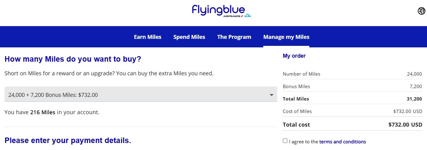 Screenshot of a discount promotion for purchasing miles