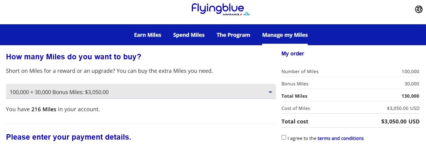Example of a discount promotion for purchasing miles