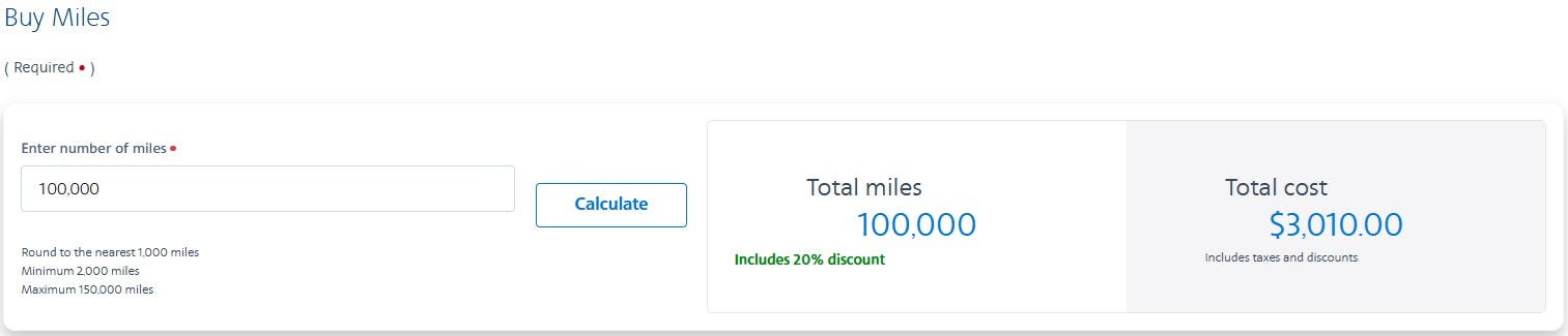 Example of a discount promotion for purchasing miles