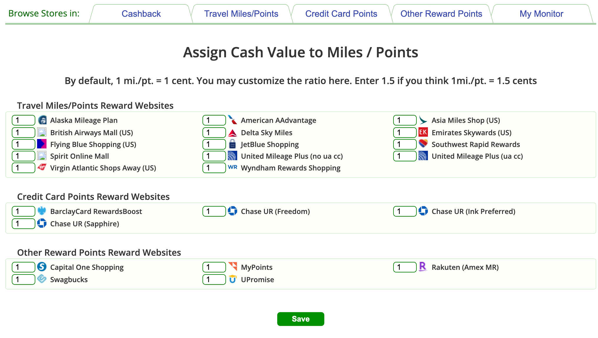 Screenshot of assigning cash value on Cashback Monitor