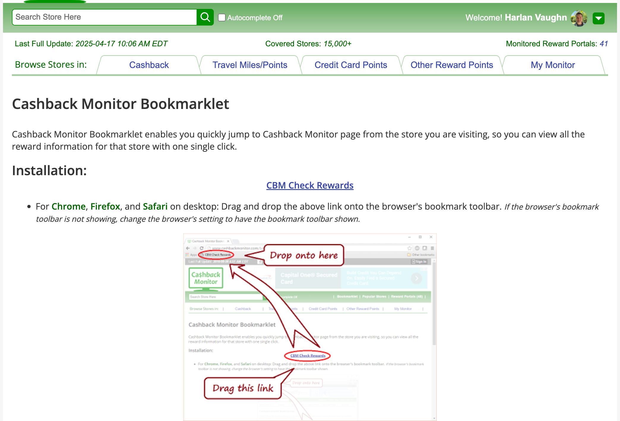Screenshot of bookmarklet installation instructions 