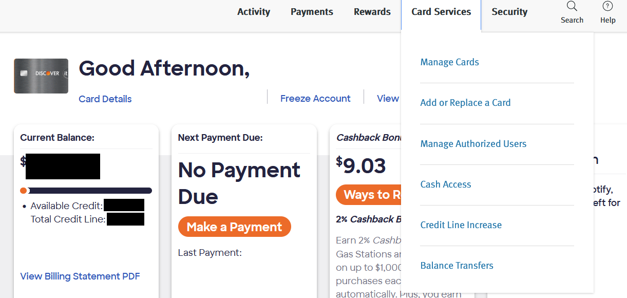 Discover login credit line increase button