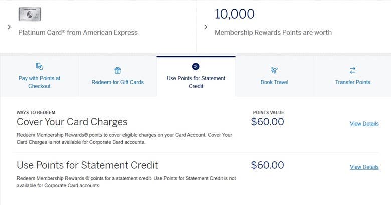 Screenshot showing the redemption value for 10,000 AmEx Membership Points if redeemed for statement credits. 10,000 points is worth $60.00 USD. 