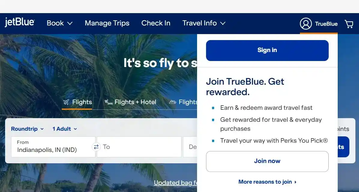 Screenshot of JetBlue TrueBlue shopping portal